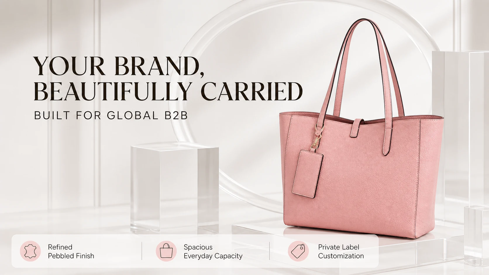 Pink pebbled tote bag with spacious everyday capacity and private label customization for global B2B buyers.